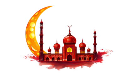 Photo of Illustration of Crescent Moon With Carved Mosque, Islamic Festival Concept isolated on transparent background