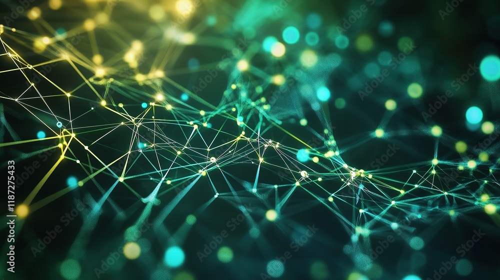 Poster intricate circuit board design in vivid green and yellow patterns