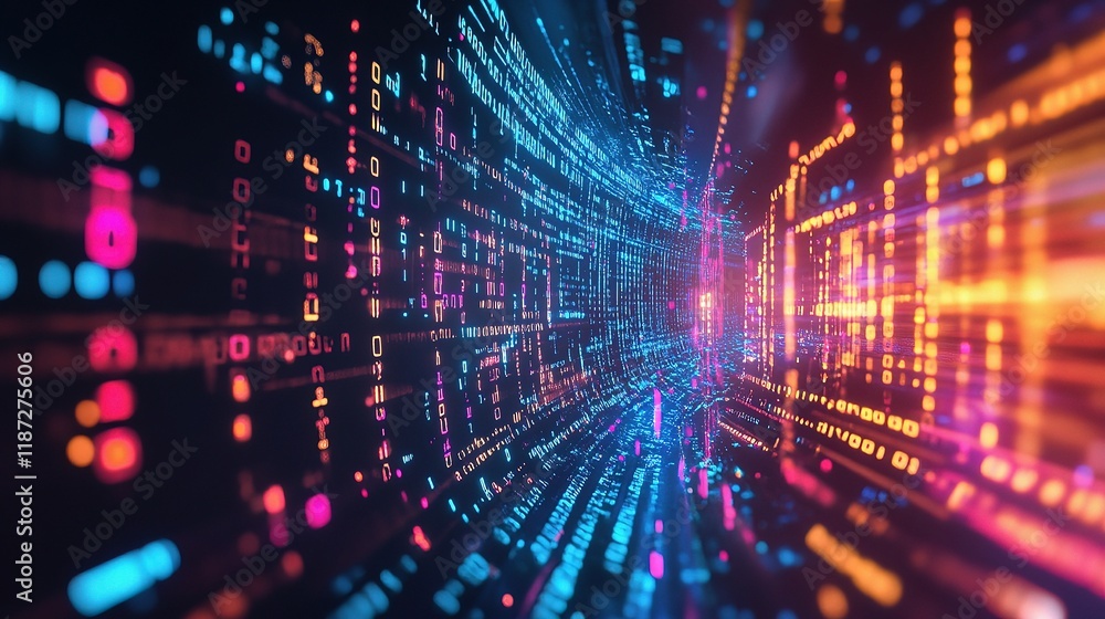Poster futuristic tunnel of light with colorful lines and digital patterns