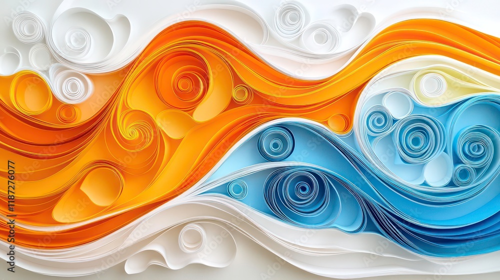 Wall mural Abstract paper art swirls in orange, blue, and white, creating a dynamic wave-like pattern.