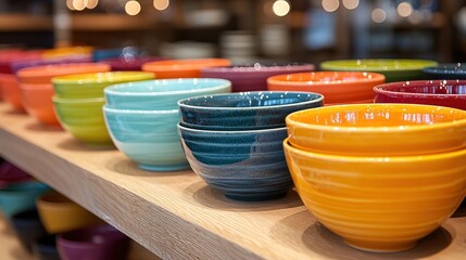 Colorful bowls arranged on a wooden shelf.