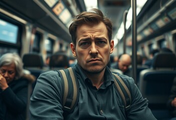 Obraz premium Frustrated male in a crowded train car