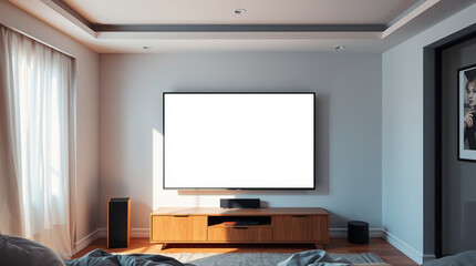 Modern living room with large blank screen TV and minimalist furniture. Perfect for relaxation and entertainment.
