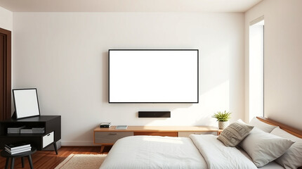 Modern bedroom with blank flat-screen TV and minimalist furniture.  Bright, airy space perfect for relaxation.