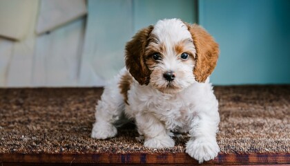 Adorable Cavapoo puppy sits on a textured surface.