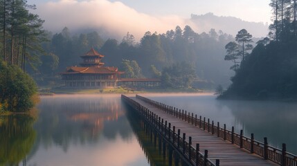 Fototapeta premium Misty morning at serene lake temple.