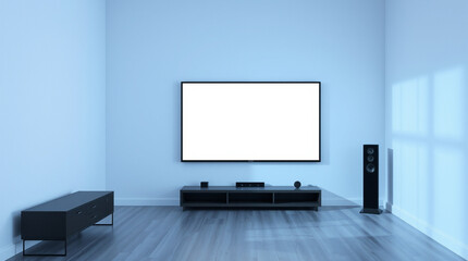 Modern home theater setup with large blank screen TV, sleek media console, and floor-standing speakers. Enjoy cinematic entertainment in style!