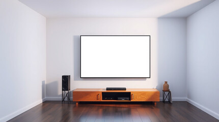 Modern living room with large flat blank screen TV, wooden media console, and sleek speakers. Minimalist and clean design.