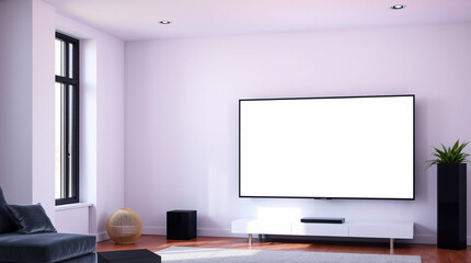 Fototapeta premium Modern living room with large blank flat-screen TV, minimalist entertainment center, and comfortable seating. Perfect for movie nights or relaxing.