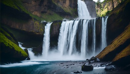 Fototapeta premium Majestic waterfall cascading down moss-covered rocks.