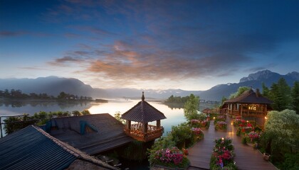 Fototapeta premium Sunrise over tranquil lake & mountain vista, showcasing serene wooden structures.