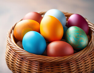 colorful easter eggs in a wicker basket