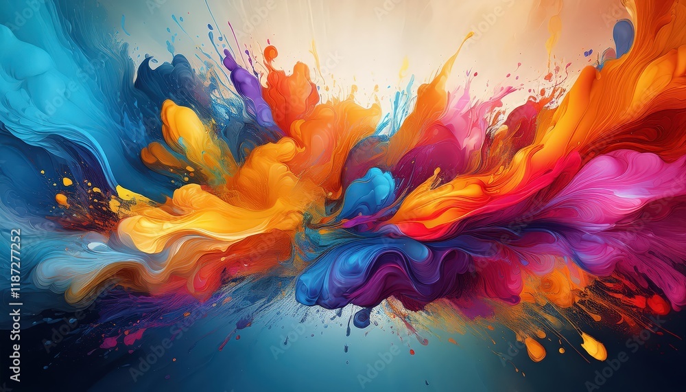 Poster vibrant and expressive artistic canvas featuring a dynamic backdrop of colorful paint splashes, idea