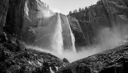 Majestic waterfall cascading down rocky cliffs, a breathtaking monochrome scene.