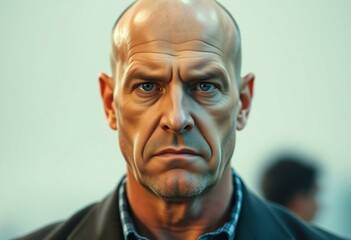 Portrait of a bald man with a stern expression