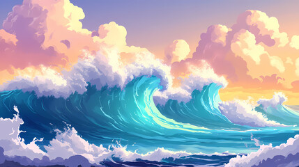 Huge crashing ocean waves rough seas with whitewater and mist. Sundrift. Illustration