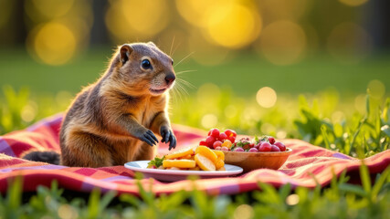 a cozy picnic scene for Groundhog Day, complete with a colorful blanket, delicious snacks, and a playful groundhog enjoying the day, copy space