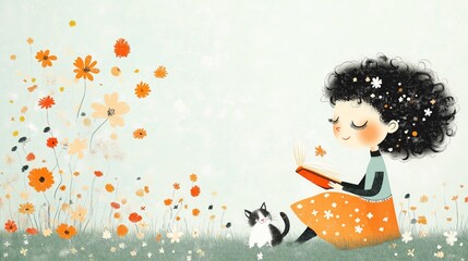 Little Girl Reading Book in Field of Orange Flowers Whimsical Children Illustration