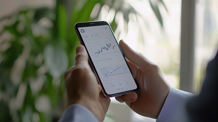 Businessman Analyzing Growth Graphs on Smartphone in Modern Office