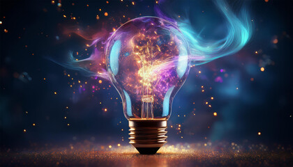 glowing lightbulb with smoke and sparkling particles