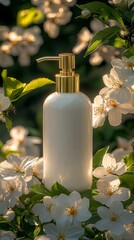 A mockup of an elegant shampoo bottle, placed on top of delicate vanilla flowers, vanilla and soft fabric