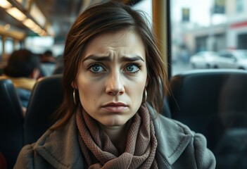 Frustrated commuter on a crowded bus