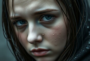 Wet woman under rain with melancholic expression