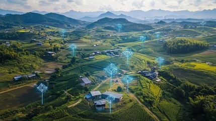 Futuristic connection of rural and urban landscapes global connectivity digital art nature-technology blend aerial view