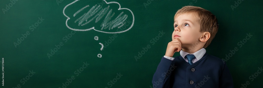 Poster pensive schoolboy contemplating a solution or idea, depicted by a thought bubble drawn on a chalkboa