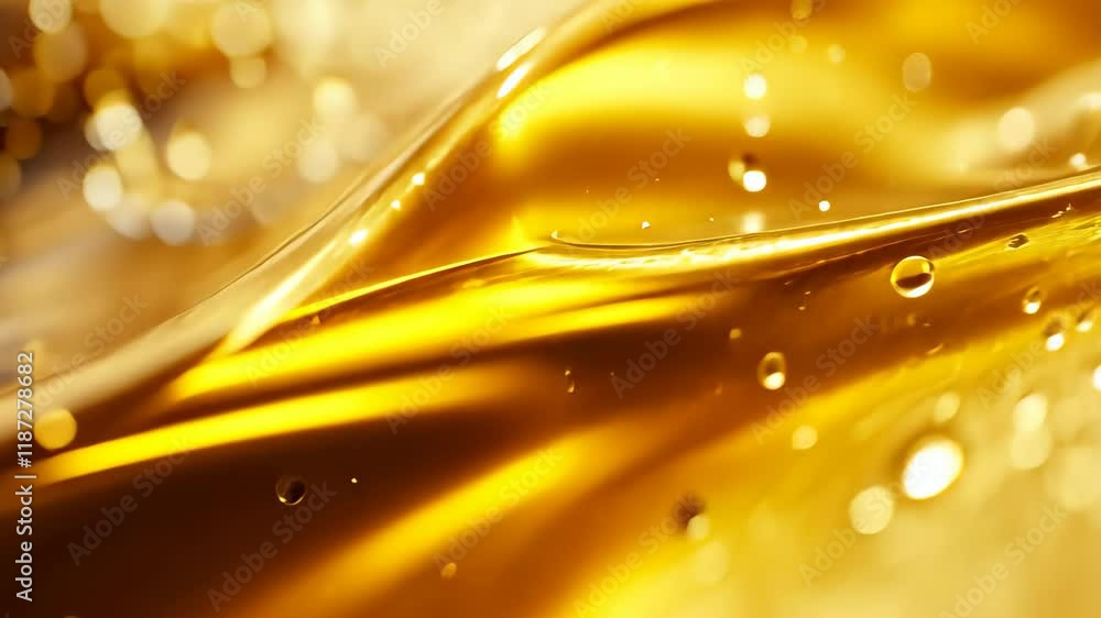 Poster golden liquid splashes and creates dynamic patterns under bright light, closeup of golden liquid spl