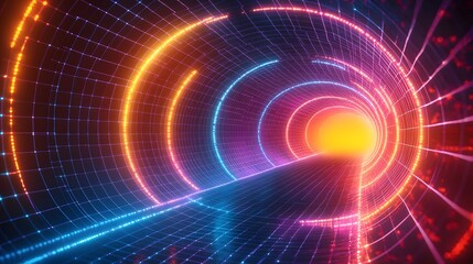 An Eye-Catching Geometry Wireframe Grid Background with Bursting Neon Colors and Dynamic Patterns in 3D Abstract Poster Design Reflecting Psychedelic Rave Style