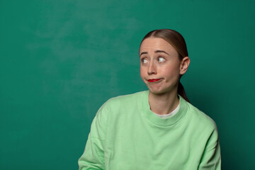 young blonde woman standing with a copy space