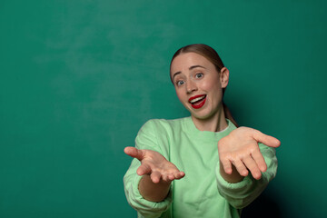 young blonde woman standing with a copy space