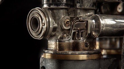 Detailed Close-up of Vintage Mechanical Engineering Marvel: Intricate Metalwork and Brass Accents
