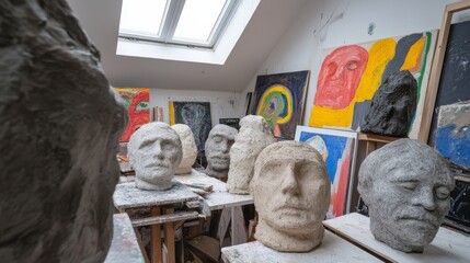 A messy artist's loft with unfinished sculptures and vibrant paintings, featuring large skylights that let in natural light.