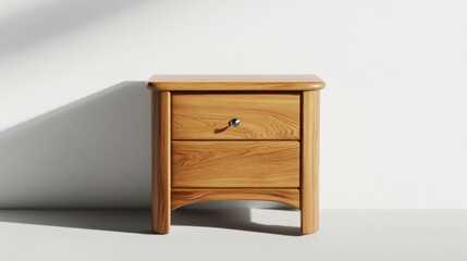 Light wood bedside table with two drawers against a white wall.