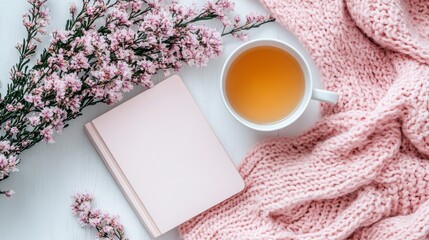 A cozy corner featuring a pink blanket, a cup of tea, a pink notebook, and pink flowers on a white surface
