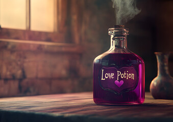 Love potion bottle, labeled, smoke, romantic, Valentines, magic, potion, fantasy.