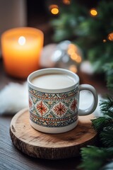 A cozy indoor scene featuring a patterned mug of hot beverage on a wooden coaster, surrounded by soft decorations and warm candlelight