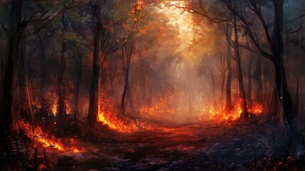 Enchanted Forest with Fire and Glowing Foliage