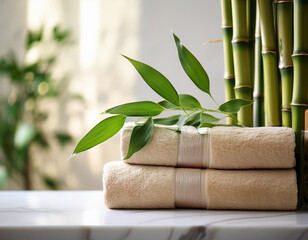 fresh green bamboo stalks are adding a touch of nature to a stack of soft beige towels arranged on...