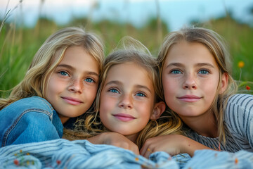 Fototapeta premium Three young girls smiling in a meadow with green grass and flowers