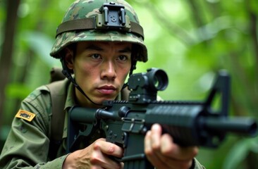 Fototapeta premium asian soldier in camouflage aiming rifle in green forest. military training exercise in dense jungle. tactical warfare scenario. defense, combat readiness, strategic operation. war, national service