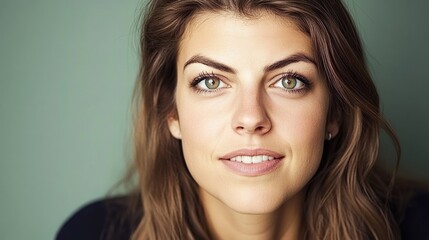 Fototapeta premium Caucasian young adult female smiling with long brown hair against green background