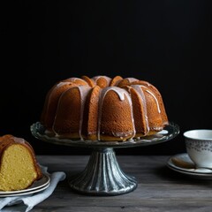 Bundt cake, golden brown, wooden cake stand, warm lighting, rustic background, food photography, high detail, shallow depth of field, soft focus, moody atmosphere, rich textures, baking, dessert, comf