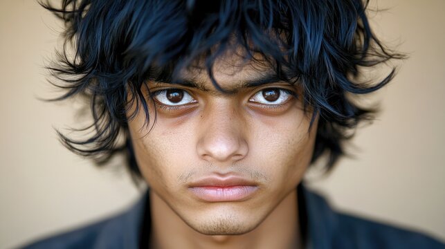 Intense portrait of young asian male with tousled hair and deep gaze