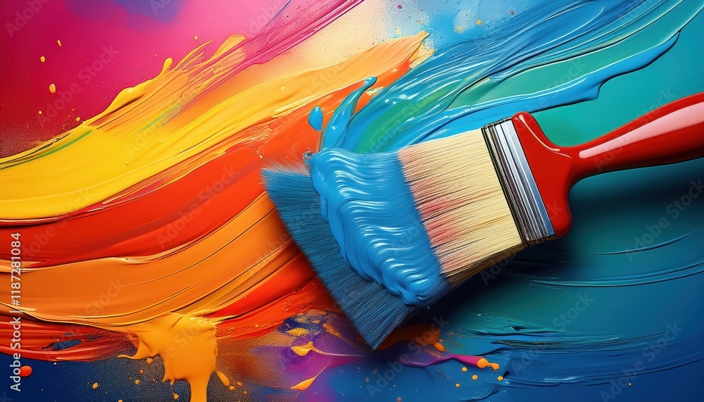 Poster artists tools in motion paintbrush and paint roller prepared to add color and texture to a surface