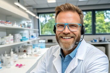 Fototapeta premium Smiling caucasian male scientist with headset in a modern laboratory