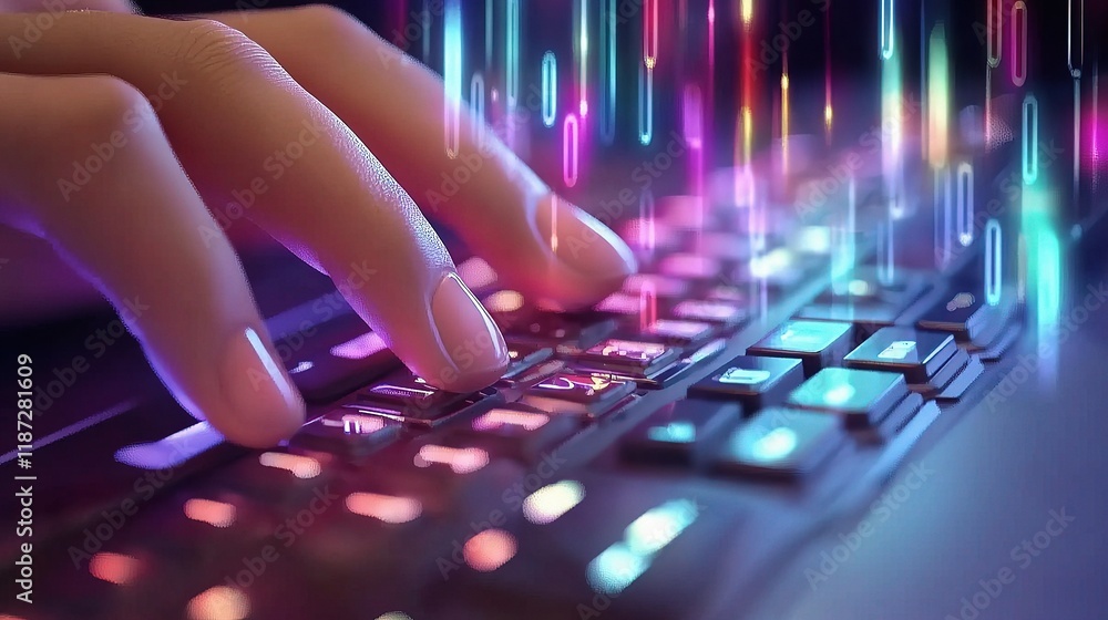 Poster close-up of fingers typing on a computer keyboard with vibrant colors