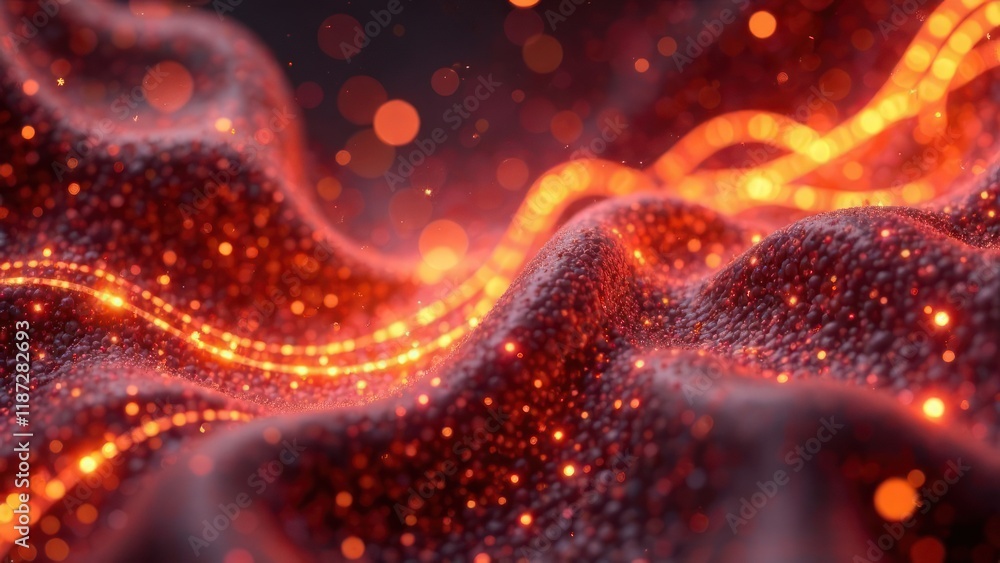 Poster abstract digital background of red and orange color blending with neon glowing shapes, cyber-inspire